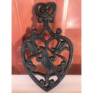 Vintage Cast Iron Trivet Black Bird Crow Raven Flowers Heart